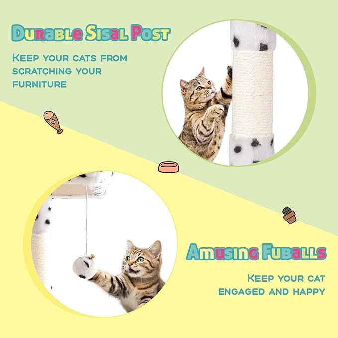 SHA CERLIN 73in Fan-Shaped Corner Cat Tower for Save Space/Multi-Level Tall Tree for Indoor Kitties/Condo with Baskets/Cozy Perches/Sisal Scratching Posts/Pet Activity House/White & Black Spot-Mewly Pet