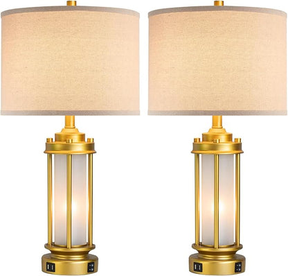 Set of 2 Modern Table Lamps for Living Room, Farmhouse Vintage Bedside Lamp with 2 USB Ports Glass Nightlight, Gold Nightstand Desk Lamps for Entryway Bedroom Dresser, 4 Bulbs Included