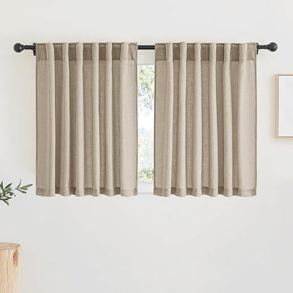 RYB HOME Natural Linen Blend Sheer Curtains for Kitchen, Semi Sheer Light Filtering Privacy Protected Rod Pocket & Back Tab Curtain Panels for Small Window, 52 x 45 inch, Khaki, 2 Panels Set