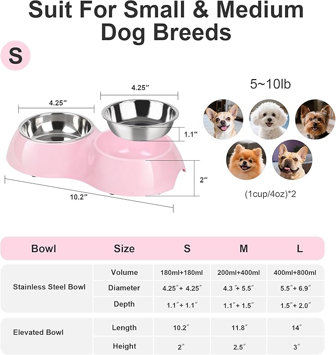 Stainless Steel Dog Bowls Set – Dual Non-Slip Pet Dishes with 2 Small (4oz*2) Bowls & Durable Resin Stand,Food & Water Feeder for Puppies, Kittens, and Small Breed Dogs– Pink-Mewly Pet