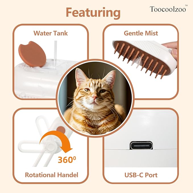 3-in-1 Cat Steam Brush, Rechargeable Cat Brush with Steam, Spritz Defur Comb for Dogs, Spritz Defur Comb for Cats (White)-Mewly Pet