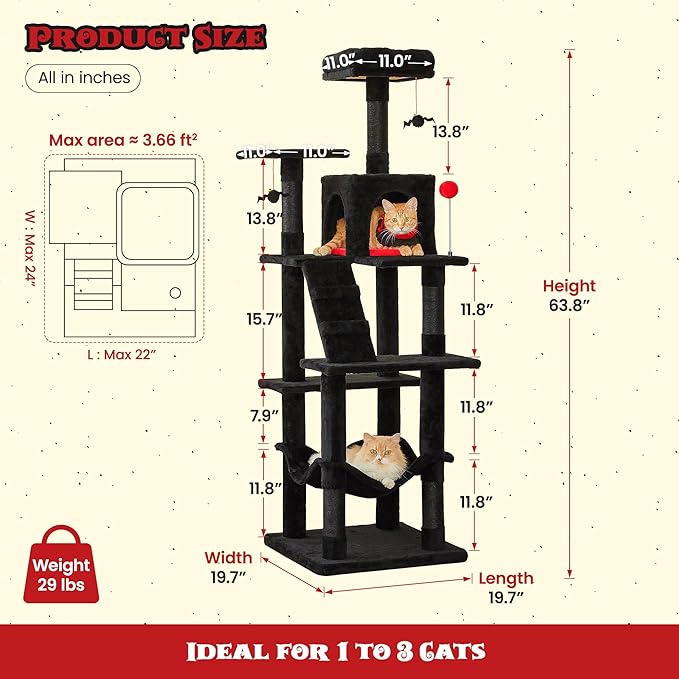 MWPO Gothic Cat Tree for Indoor Cats, 63.8 Inches Multi-Level Cat Tower with Sisal-Covered Scratching Posts, Padded Platform, Hammock, Dangling Toys, Stable Cat Condo Pet Play House, Black-Mewly Pet