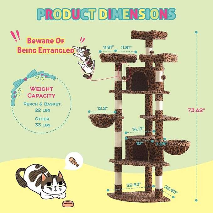 SHA CERLIN 73in Fan-Shaped Corner Cat Tower for Save Space/Multi-Level Tall Cat Tree for Indoor Kitties/Condo with Baskets/Cozy Perches/Sisal Scratching Posts/Pet Activity House/Leopard Print-Mewly Pet