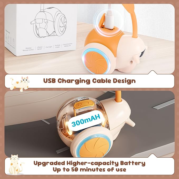 SlowTon Cat Interactive Toy for Indoor Cats - Remote Control Automatic Smart Moving Cat Toys with 2 Modes, Rechargeable Kitten Feather Toys for All Breeds of Bored Cats(Orange)-Mewly Pet