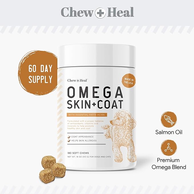 Salmon Oil for Dogs - 180 Soft Chew Omega Treats for Skin and Coat - Fish Oil Blend of Essential Fatty Acids, Omega 3 and 6, Vitamins, Antioxidants and Minerals - Made in USA-Mewly Pet
