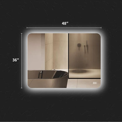 48''x36'' Lighted Mirrors for Bathroom Wall Backlit Rectangular Rounded Corners, LED Bathroom Mirror Frameless with Lights Anti Fog, Dimmable, 3 Colors,Tempered Glass, Shatter-Proof (Color 2)