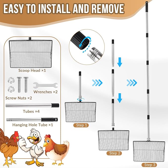 SlowTon 15-inch Large Chicken Poop Scooper - 5 in 1 Multifunctional Chicken Litter Scoop with 40 to 77in Stainless Steel Handle, Heavy Duty Chicken Coop Cleaning Tool Litter Sifting Shovel-Mewly Pet