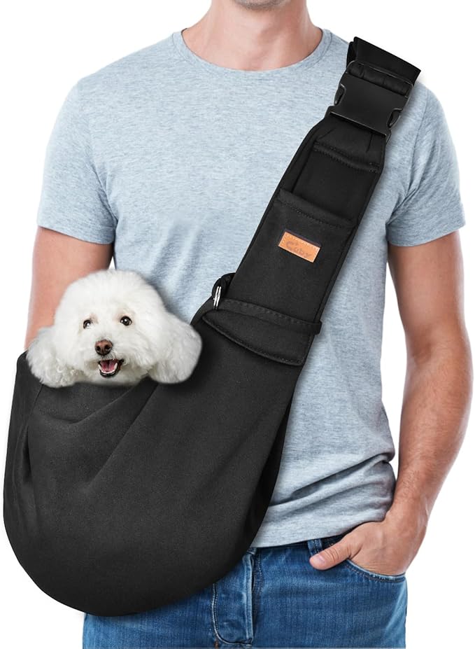 CUBY Dog and Cat Sling Carrier, Hand-Free Dog Carrier Slings with Adjustable Straps Pocker, Puppy Slings Carrier for Small Dogs Cats Outdoor Travel Bag(Black, M-Adjustable Strap)-Mewly Pet