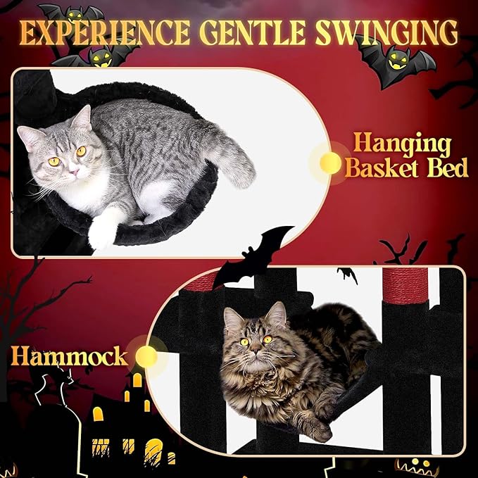 Globlazer Gothic Corner Cat Tree Tower with Scratching Post for Indoor Cats, 51inch Goth Cat Condo Tower with Large Hammock, Fan-Shaped Padded Perch, Spacious Cat Cave, Hanging Basket, C51, Red Black-Mewly Pet