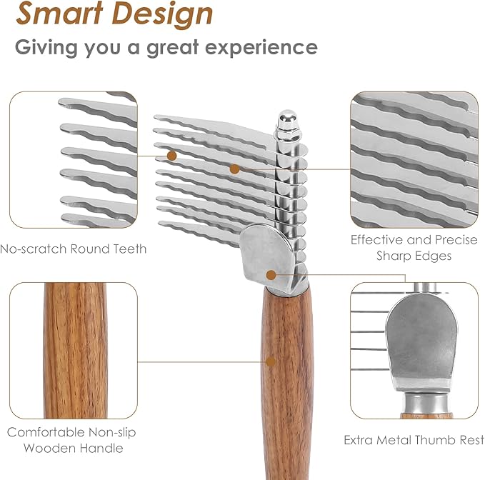 Dog Dematting Comb with Wooden Handle & Detangling Brush - Stainless Steel Undercoat Rake for Long & Thick Haired Dogs & Cats, Professional Grooming Tool for Deshedding and Matted Fur Removal-Mewly Pet