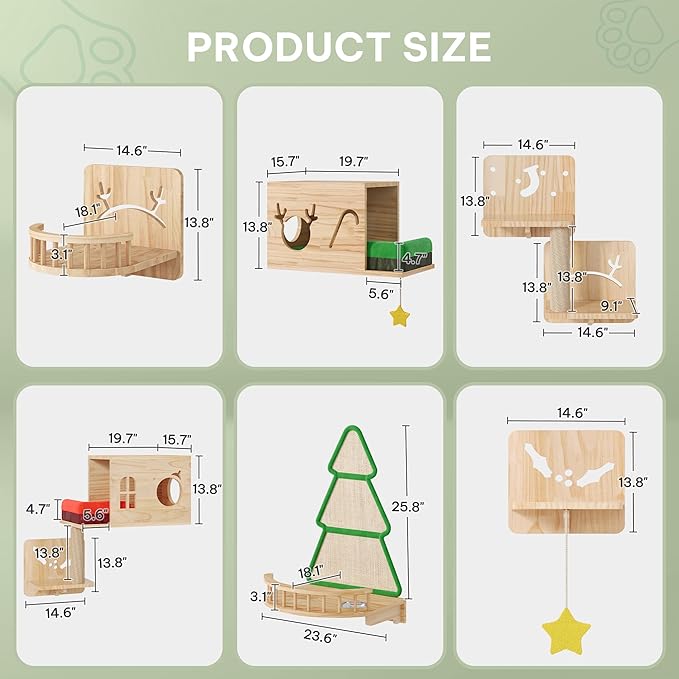 Cat Wall Shelves, Cat Wall Furniture Pine Wooden Feline Shelf, 16 Piece Shelves and Perches with Bowl, Warmer Mat, Condos, House, Steps and Cat Scratcher-Mewly Pet