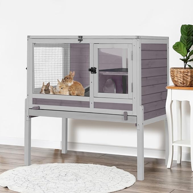 Aivituvin Rabbit Hutch with Stand Wooden Bunny Cage Indoor 2 Story Guinea Pig House with Anti Chew Ramp, No Leak Tray, Hideout, Wire Mesh (Gray)-Mewly Pet
