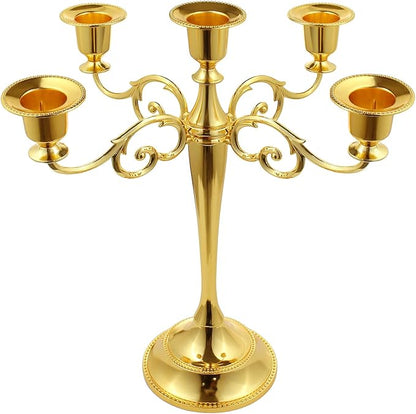 5-Candle Metal Candelabra 10.2 Inch Tall Candlestick Candle Holders for Home Decor Wedding Christmas Church Halloween Party, Gold