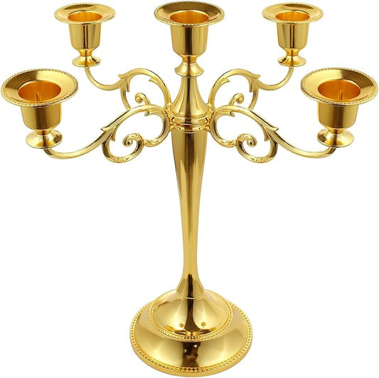 5-Candle Metal Candelabra 10.2 Inch Tall Candlestick Candle Holders for Home Decor Wedding Christmas Church Halloween Party, Gold