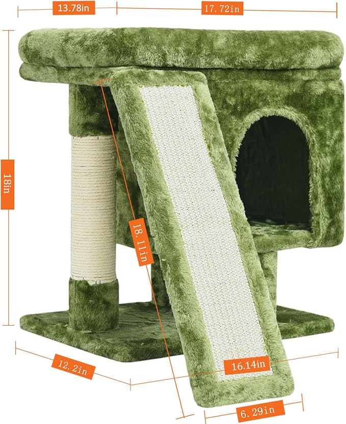 YANDLVY Small Cat Tower for Cats, Cute Cat Tree for Indoor Cats, Kittens Condo with Scratching Post and Board, Cat Cave, Modern Cat Activity House with Plush Perch (Green)-Mewly Pet