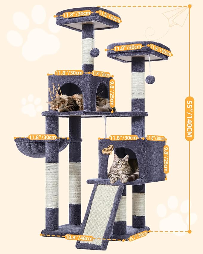 Taoqimiao 56.3-Inch Cat Tree, Cat Tower with Scratching Posts, Cat Tree House for Indoor Cats with hammocks, Toys, Condo and Large Scratch Board, Smoky Gray MS012G-Mewly Pet