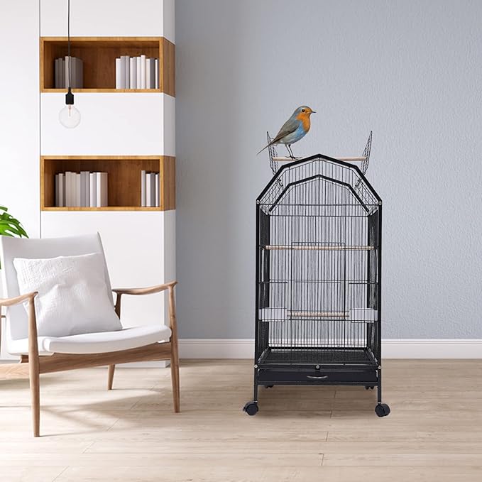 40-Inch Wrought Iron Bird Cage with Open-Top and Rolling Stand, Movable Parrot Cage Pet Bird Flight Cage, 360 Degree View Spacious Interactive Roof Pet Bird House for Medium&Small Birds-Mewly Pet