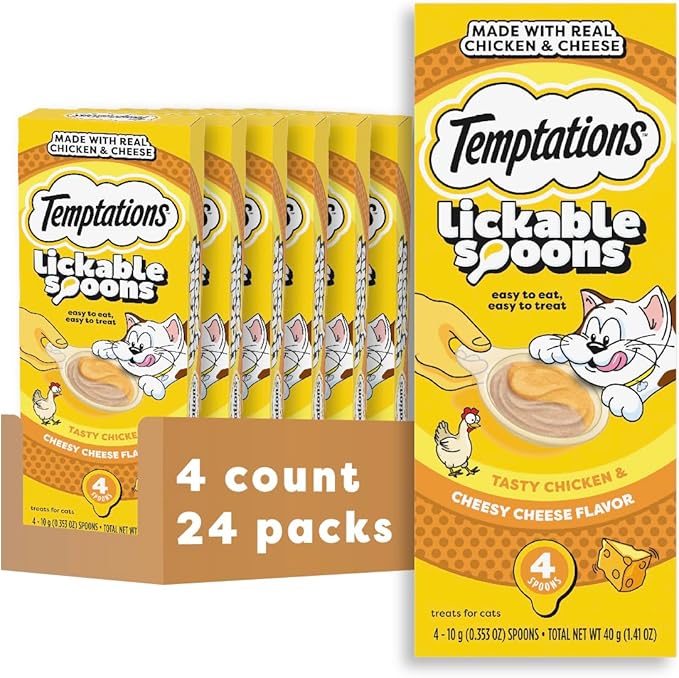 Temptations Lickable Spoons Adult Wet Cat Treat, Tasty Chicken and Cheesy Cheese Flavor, 4 Spoons, Pack of 24 (96 Total)-Mewly Pet