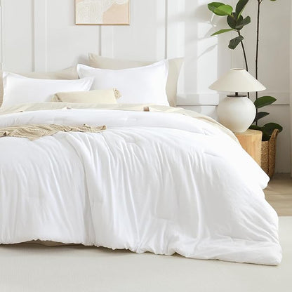 Litanika White Comforter King Size, 3 Pieces Lightweight Solid Bedding Comforter Set, All Season Fluffy Bed Set (104x90In Comforter & 2 Pillowcases)