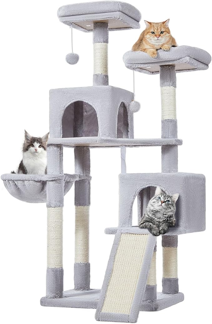 Taoqimiao 56.3-Inch Cat Tree, Cat Tower with Scratching Posts, Cat Tree House for Indoor Cats with hammocks, Toys, Condo and Large Scratch Board, Light Gray MS012W-Mewly Pet