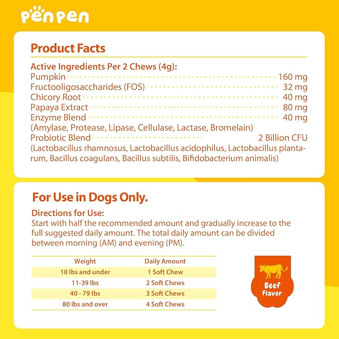 Penpen Probiotics for Dogs, Dogs Probiotics for Digestive Health, Multi-Probiotic and Enzyme Blend Promote Gut Health & Immune Support, Eases Sensitive Stomachs (Beef Chews, 180ct)-Mewly Pet