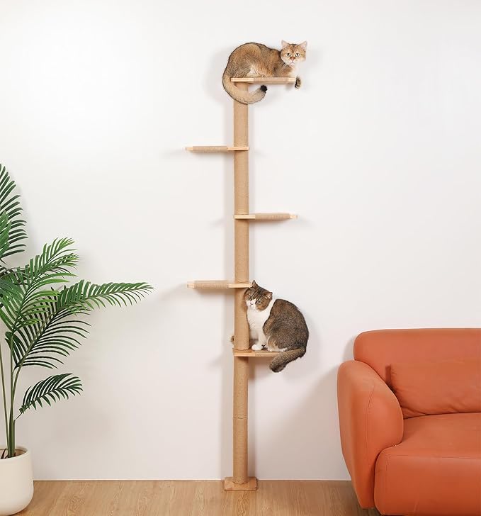 5 Tier Floor to Ceiling Cat Tree Tower with Wall-Mounted Scratching Post, Playful Wall Climbing Shelves for Cats, Ideal for Kittens to Climb, Scratch, and Lookout, Wild Simulation Design-Mewly Pet