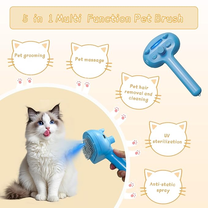 5-in-1 Pet Steam Brush for Cats & Dogs – Grooming, Shedding, Massage & One-Touch Clean for Short & Long Hair Pets – Electric Cat Brush with Comb & Steam (Blue)-Mewly Pet