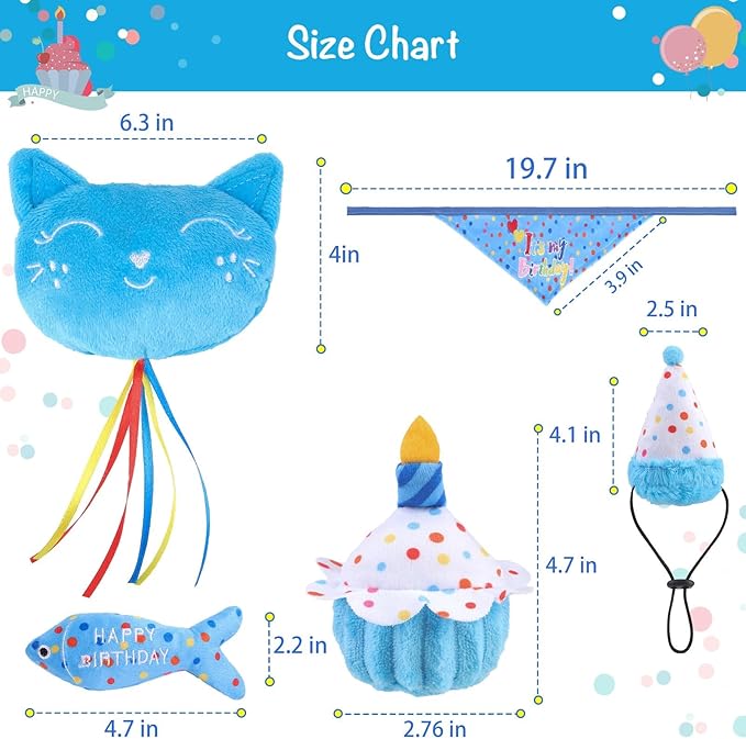 BINGPET Cat Birthday Catnip Toys for Indoor Cats,Cat Birthday Hat,Bandana and Cat Birthday Cake Interactive Plush Kitten Chew Toys,Cute Fish,Balloon Toys with Crinkle Paper and Catnip Inside(Sky Blue)-Mewly Pet