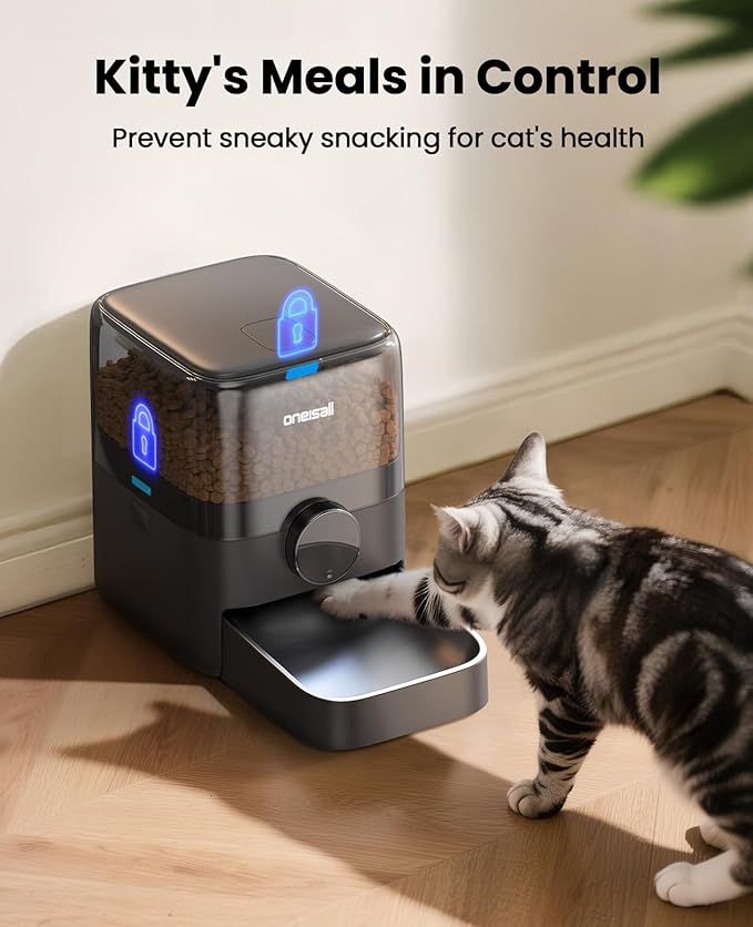 oneisall Automatic Cat Feeder for Large Kibble and Snacks, 12 Cups/3L Timed Pet Feeder for Cats Indoor, Programmable Dry Food Dispenser (Black)-Mewly Pet