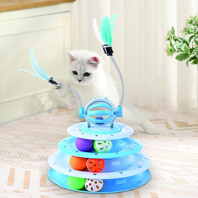 Vealind Cat Toy Roller 4-Level Turntable Cat Toys Balls with Colorful Pom Pom Balls Interactive Fun Mental Physical Exercise Puzzle Kitten Toys (Blue)-Mewly Pet