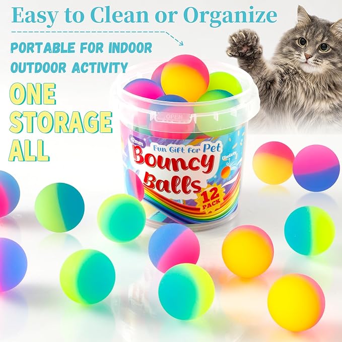 Cat Toy Bouncy Balls, 12 Pack 1.65 Inch High Elasticity Bouncing Balls for Cats, Colorful Interactive Pet Toy Gift for Puppy Kitty Indoor Play and Exercise-Mewly Pet