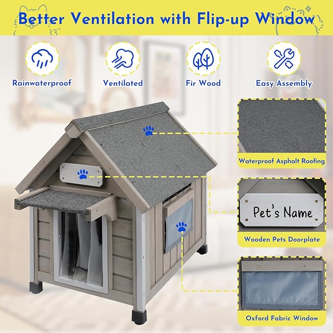 Outdoor Dog House Weatherproof Large Wooden Dog Kennel Indoor for Small Dogs with Chew-Proof Frame, Oxford Fabric Window, Removable Floor Pet Shelter (Grey, 18.1" D x 25.2" W x 24" H)-Mewly Pet