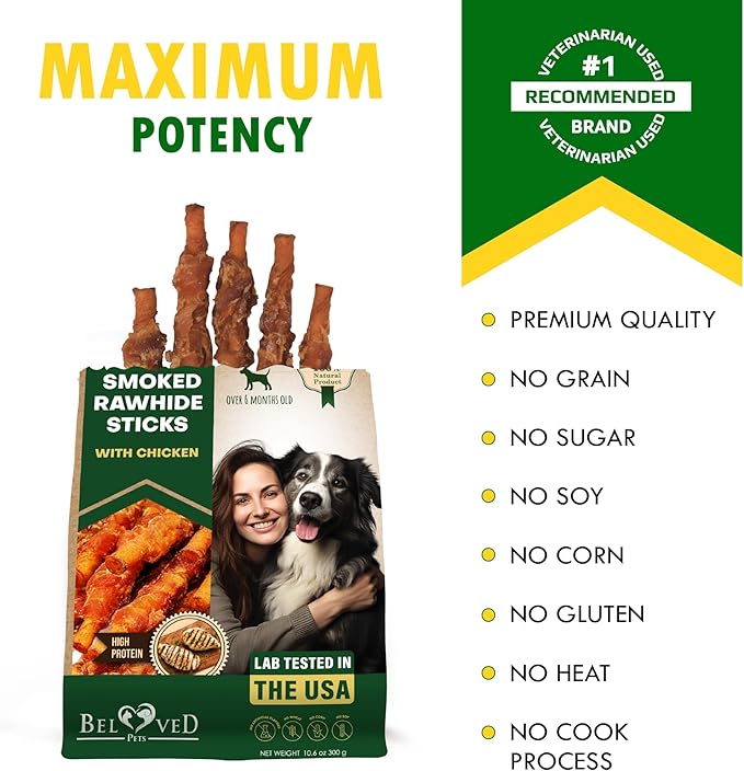 Dog Treats Rawhide Sticks Wrapped with Chicken 11 oz Pet Natural Chew Treats - Grain Free Meat & Human Grade Dried Snacks - Best for Small & Large Dogs (10.6 Ounce (Pack of 1), Smoked Chicken)-Mewly Pet