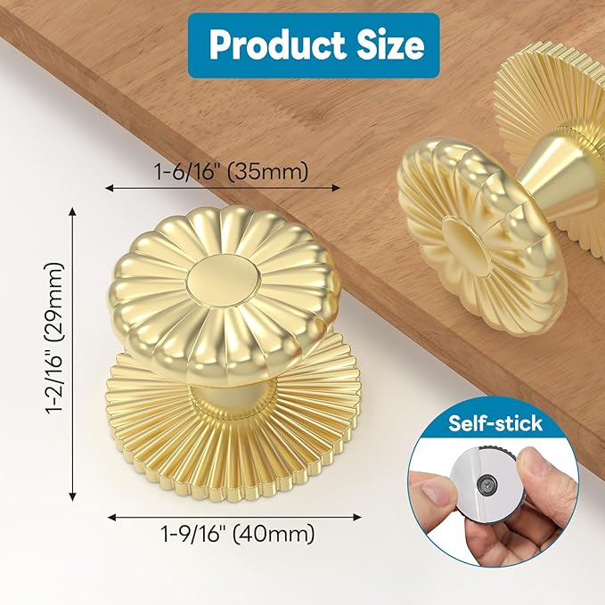 Self Adhesive Drawer Knobs, 8 Pack Self Stick Door Pull Handles, Zinc Alloy No Drilling Cabinet Knobs for Drawer, Closet, Window, Dresser, Sliding Barn/Glass Shower/Balcony Door (8, Gold)