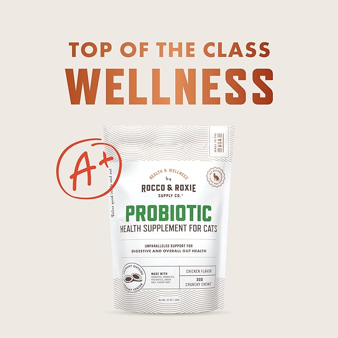 Rocco & Roxie Cat Probiotic Health Supplement for Cats, Prebiotic and Postbiotic for Digestive + Gut Support, Constipation Relief, Anti Diarrhea, Supplements & Vitamins, Chicken Flavored Crunchy Chews-Mewly Pet