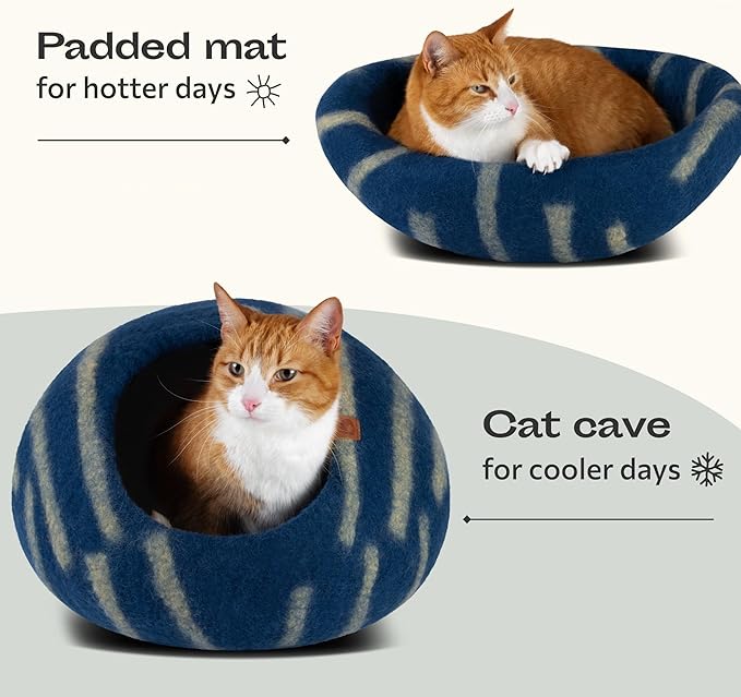MEOWFIA Cat Cave – Premium Felt Cat Bed for Indoor Cats, Handmade 100% Merino Wool (Medium, Deep Azure)-Mewly Pet
