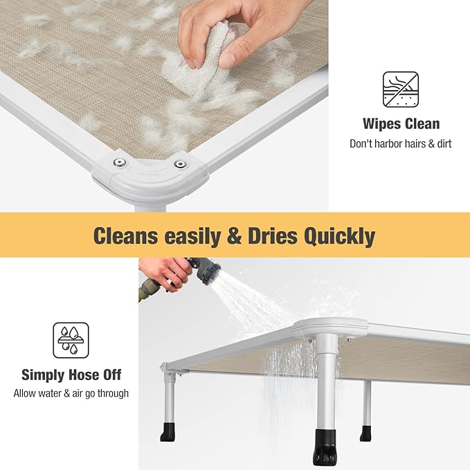 Veehoo Chew Proof Elevated Dog Bed - Cooling Raised Pet Cot - Silver Aluminum Frame and Durable Textilene Mesh Fabric, Unique Designed No-Slip Feet for Indoor or Outdoor Use, Beige Coffee, Large-Mewly Pet