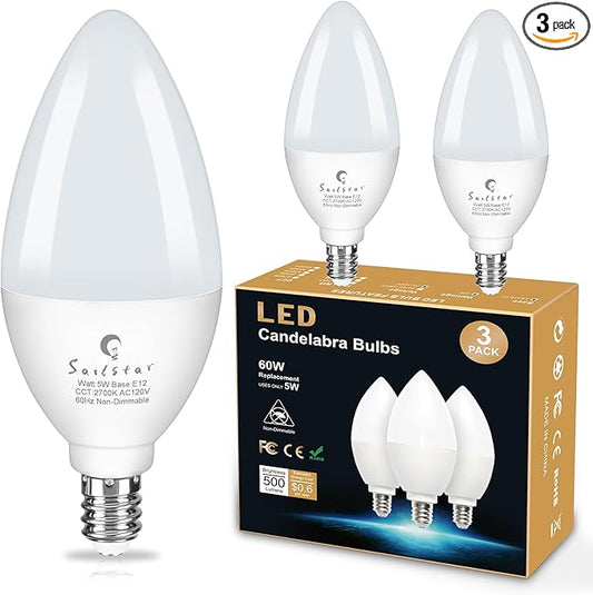 Sailstar E12 LED Bulb 60W Equivalent, 500 Lumens, Ceiling Fan Light Bulbs Soft White 2700K, Type B Light Bulb 5W, CRI 85, B11 Small Base Candelabra LED Light Bulbs, Non-dimmable, Pack of 3