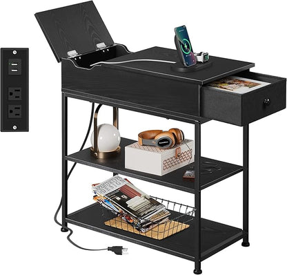 WLIVE Narrow Side Table with 2 USB Ports and 2 Outlets, Flip Top End Table with Drawer and Storage Shelves, Small Nightstand with Charging Station for Living Room/Bedroom, Black