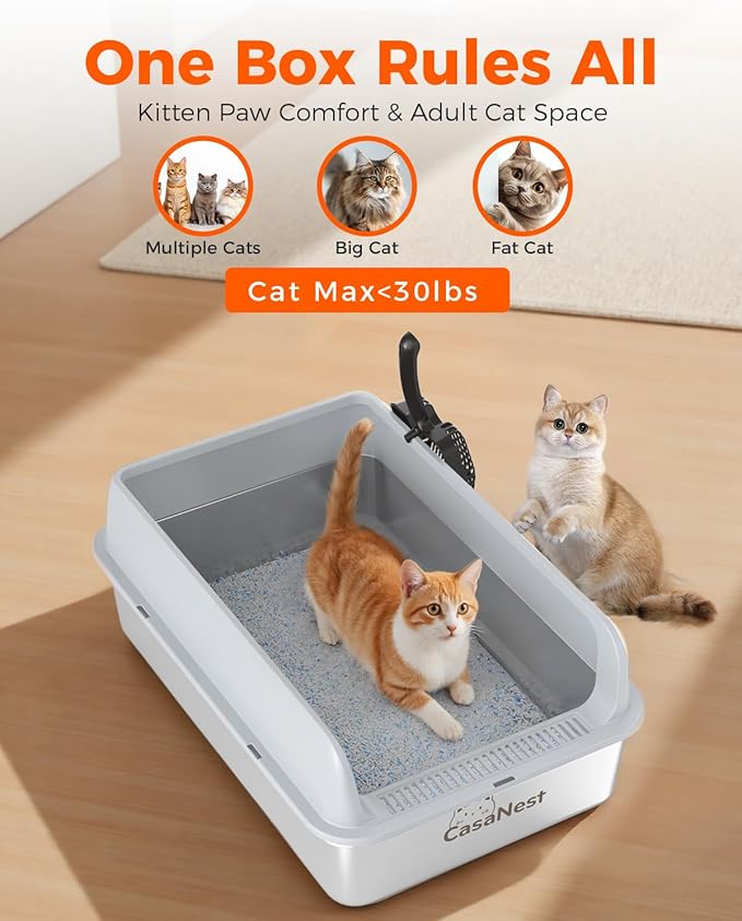 XXXL Stainless Steel Cat Litter Box 28.1''×20.5'' × 10.1” Extra Large Metal Cat Litter Box for Big, Multi Cats, Anti-Leakage & Non-Stick Metal Pan, Easy to Clean, Durable (Light Grey-Mewly Pet