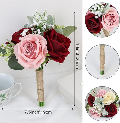 Set of 2 Artificial Bridesmaid Bouquets Blush & Burgundy -7 Inch Silk Rose Wedding Flower Bouquets for Bridesmaid Holding Flowers , Bridal Shower, Wedding Centerpiece Ceremony and Anniversary