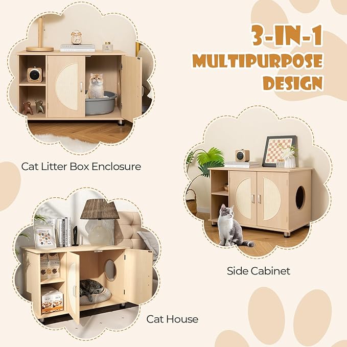 Tangkula Litter Box Enclosure, Hidden Cat Washroom with Storage Shelf, Sisal Scratching Doors, Adjustable Metal Feet, Modern Cat Litter Cabinet Storage Bench, Enclosed Litter Box Furniture (Natural)-Mewly Pet