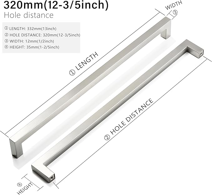 Cabinet Pulls Brushed Nickel Cabinet Handles Square Drawer Pulls, 40 Pack 12-3/5 Inch Stainless Steel Kitchen Door Cupboard Handles, Cabinet Hardware Drawer Handles, 320mm Hole Centers