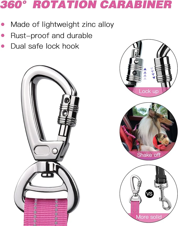 AUBELL Dog Seat Belt for Car,Updated 3-in-1 Adjustable Reflective Bungee Heavy Duty Dog Car Harness Tether with Clip Hook Latch & Buckle,Swivel Zinc Alloy Carabiner,Hotpink-Mewly Pet