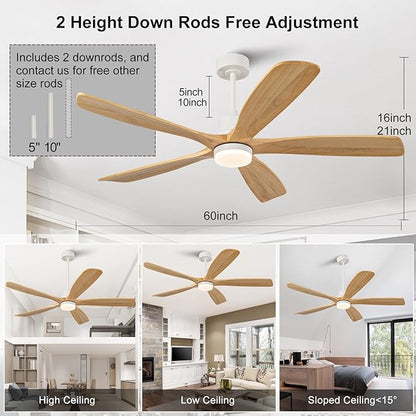 BOJUE 60 Inch Outdoor Ceiling Fans with Lights and Remote Control, Dimmable 5 Blade Wood Outdoor Ceiling Fans for Patios, White Natural Wood Bedroom Ceiling Fan with Lights, Noiseless DC Motor
