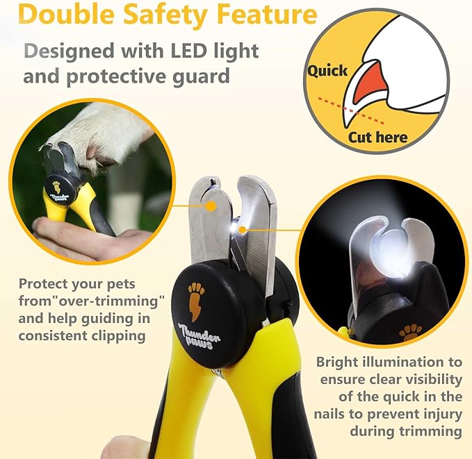 LED Dog Nail Clippers with Light, Trimmers with Protective Guard, Quick Sensor, Safety Lock and Nail File - Suitable for Large and Small Dogs & Cats (Yellow, LED)-Mewly Pet