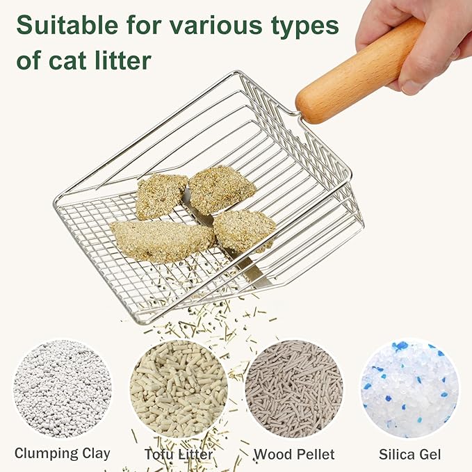 XBX Cat Litter Scoop with Holder, Heavy Duty Litter Sifter, Stainless Steel Litter Shovel, Litter Scooper with Beech Wood Grip and Washable Stand, Perfect for Cat Litter Box Cleaning-Mewly Pet