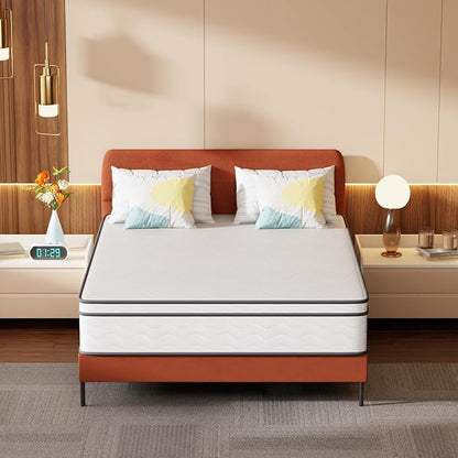 PayLessHere | 12 Inch Queen Mattress | Medium Firm Hybrid Mattress | White | with High-Density Foam and Breathable Cover | Pocket Spring Design, Pressure Relief | Bed in a Box, CertiPUR-US Certified