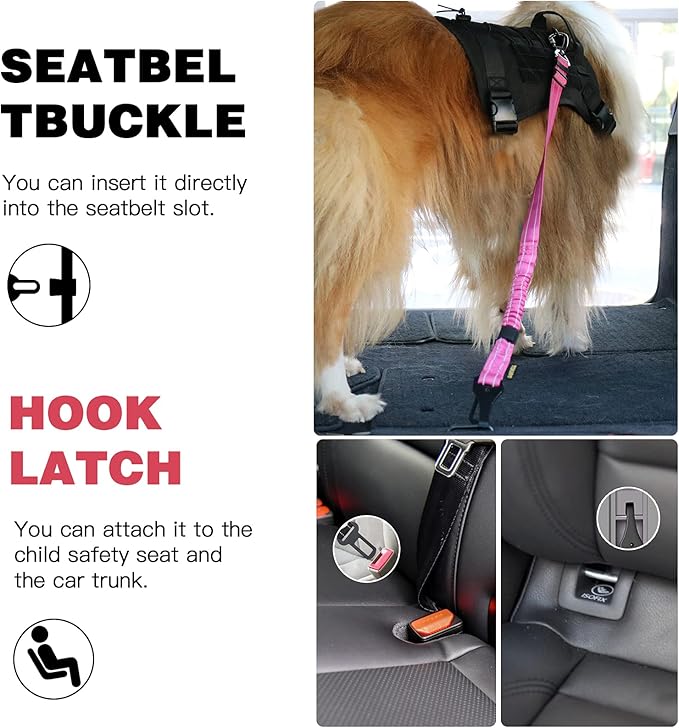 AUBELL Dog Seat Belt for Car,2 Pack Set 3-in-1 Adjustable Reflective Bungee Heavy Duty Dog Car Harness Tether with Clip Hook Latch & Buckle,Swivel Zinc Alloy Carabiner,Black+Hotpink-Mewly Pet