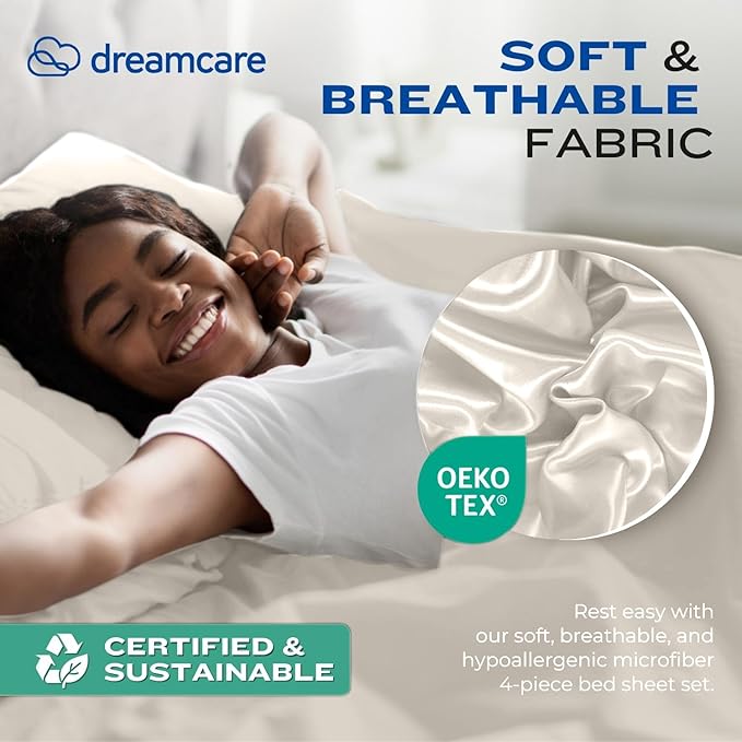DREAMCARE California King Sheet Sets - Cooling Bed Sheets - 4pcs Set - up to 15" Deep Pocket Cal King Sheets - California King Sheets - Soft & Lasting 100% Brushed Polyester with Side Pocket - Ivory